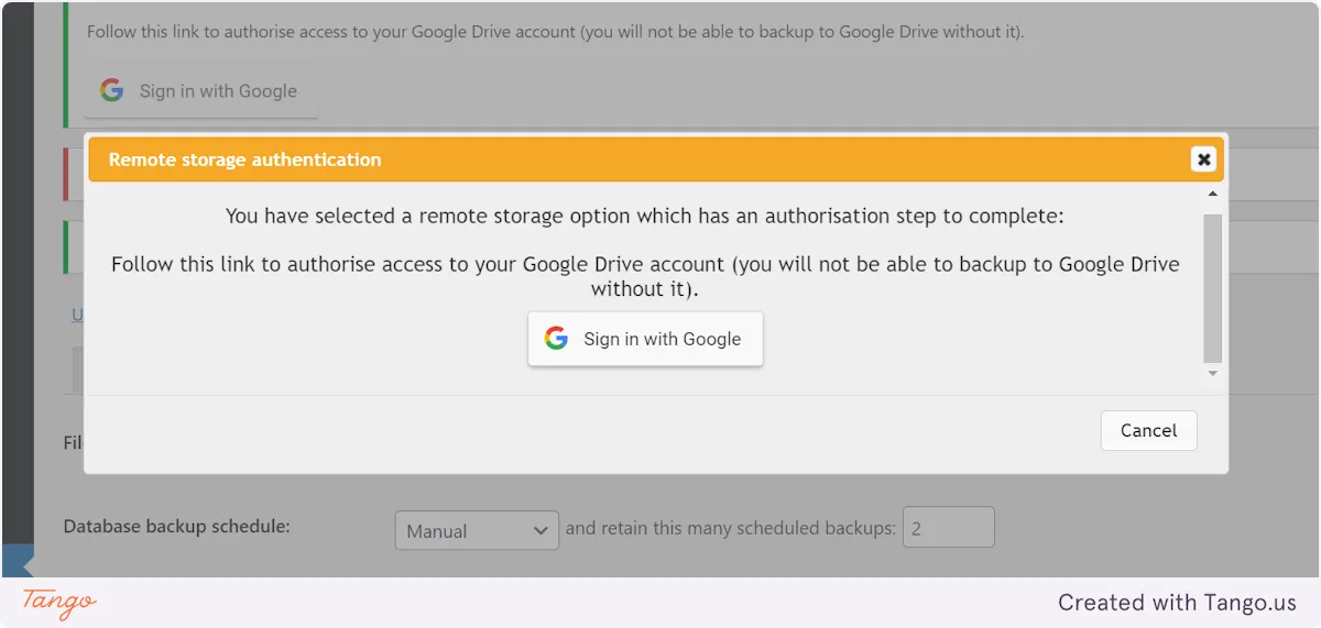Screenshot of a remote storage authentication prompt asking to take a WordPress backup by authorizing Google Drive access with a "Sign in with Google" button.