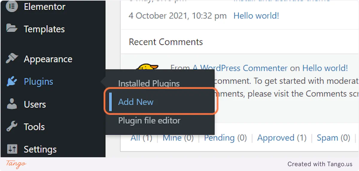 Screenshot of a WordPress dashboard showing the Plugins section. The "Add New" option is highlighted in the dropdown menu under "Plugins," your first step before you take a WordPress backup to ensure your site's safety and functionality with new features.