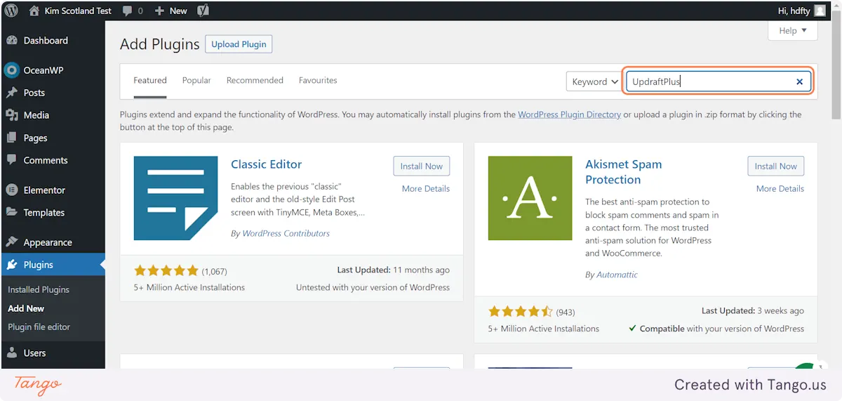 The WordPress dashboard reveals the "Add Plugins" page, showcasing options like Classic Editor and Akismet Spam Protection. The search bar displays "UpdatePlus." Before proceeding, ensure you take a WordPress backup to protect your site's data during plugin updates.