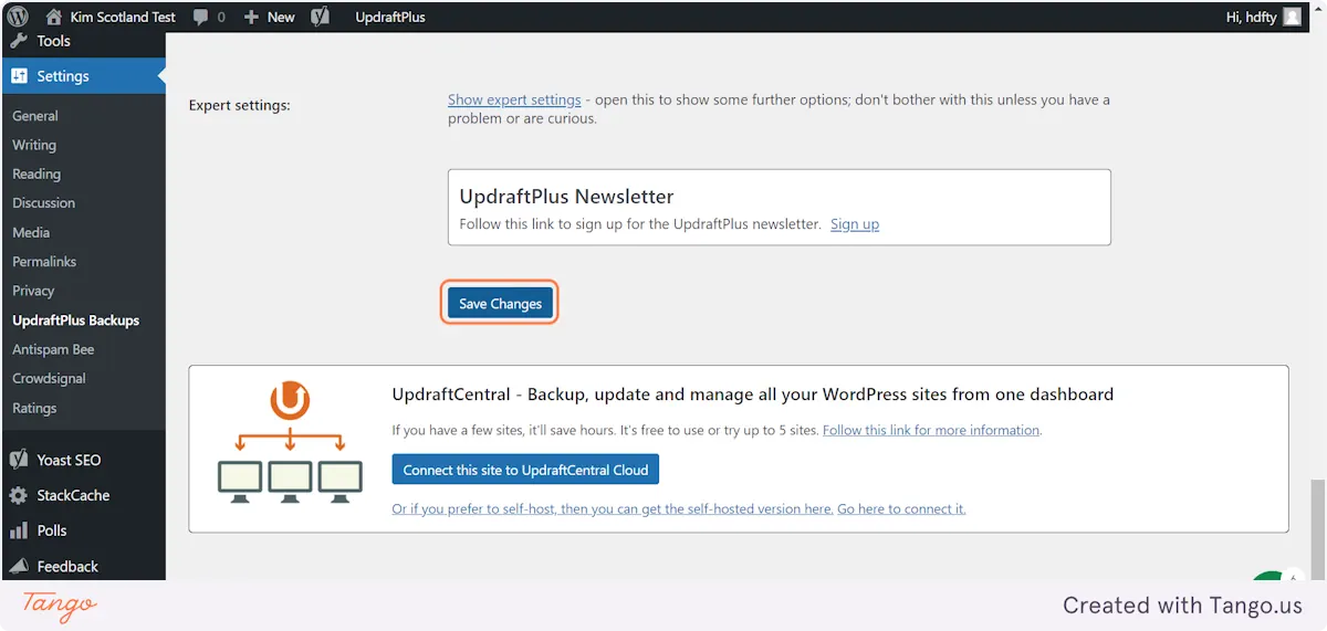 The WordPress settings page for UpdraftPlus now includes an option to take a backup and save changes. Below, find information about UpdraftCentral alongside a button to connect your site to UpdraftCentral Cloud.