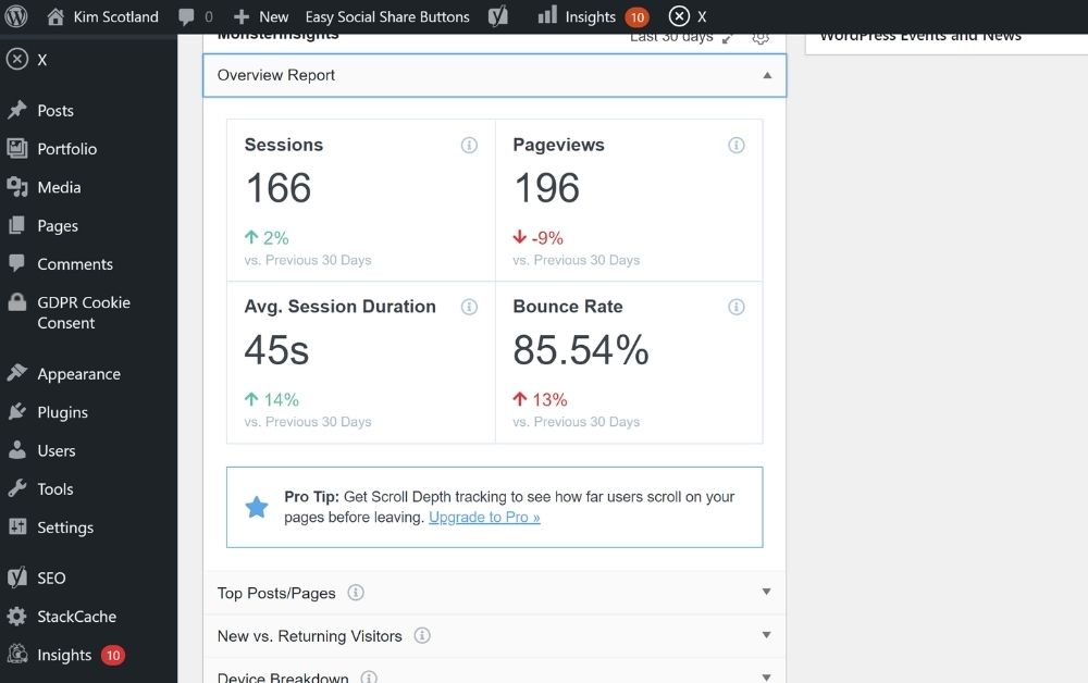 Screenshot of Monster Insights overview report within the WordPress dashboard [WordPress plugins for SEO optimization]