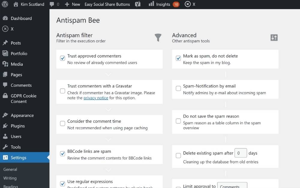 Screenshot of Antispam Bee settings within WordPress dashboard [WordPress plugins for SEO optimization]