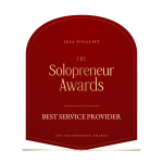Red plaque reading “2026 Finalist The Solopreneur Awards, Best Service Provider, The Solopreneur Awards” in gold text on a white background.