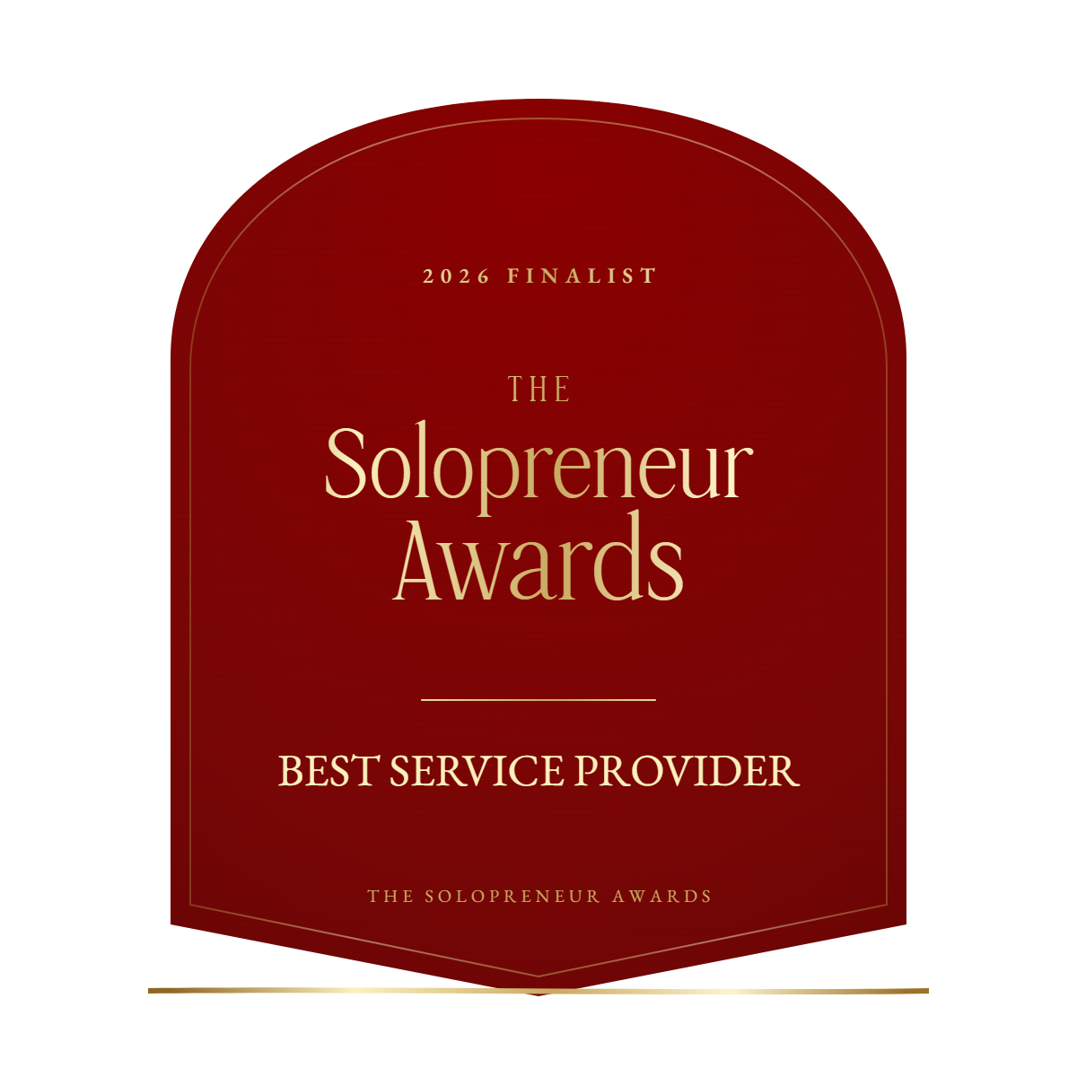 Red plaque reading “2026 Finalist The Solopreneur Awards, Best Service Provider, The Solopreneur Awards” in gold text on a white background.