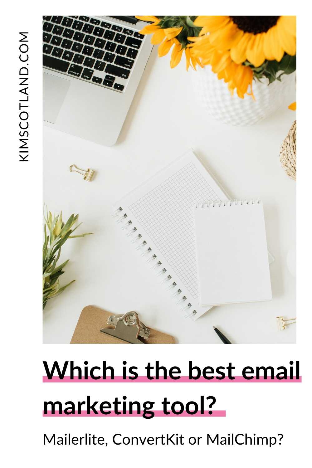 Pinterest optimised image with text: Which is the best email marketing tool? Mailerlite, ConvertKit or Mailchimp