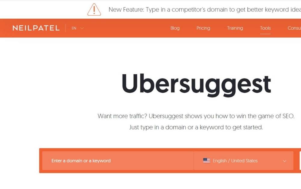 Screenshot of the Ubersuggest keyword research tool.