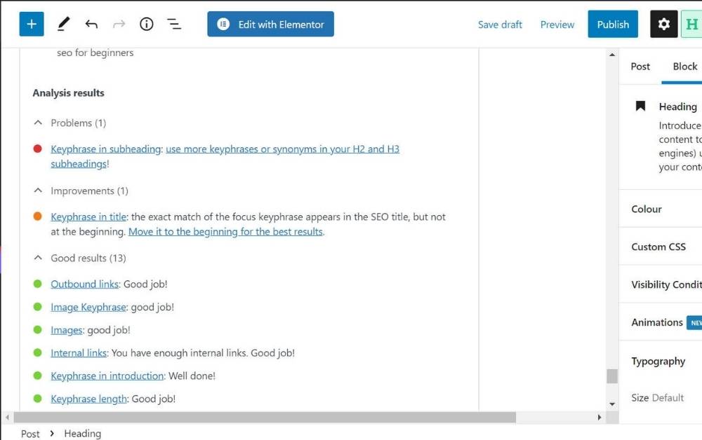 Screenshot of the Yoast SEO plugin checklist below a blog post