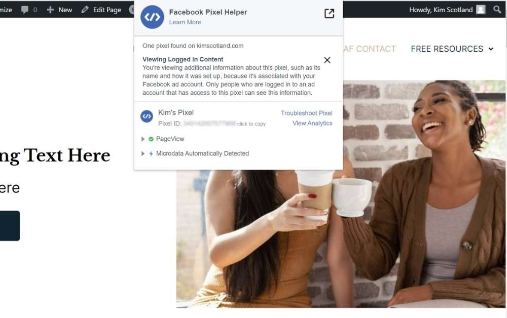 Screenshot of Facebook Pixel helper in Chrome.