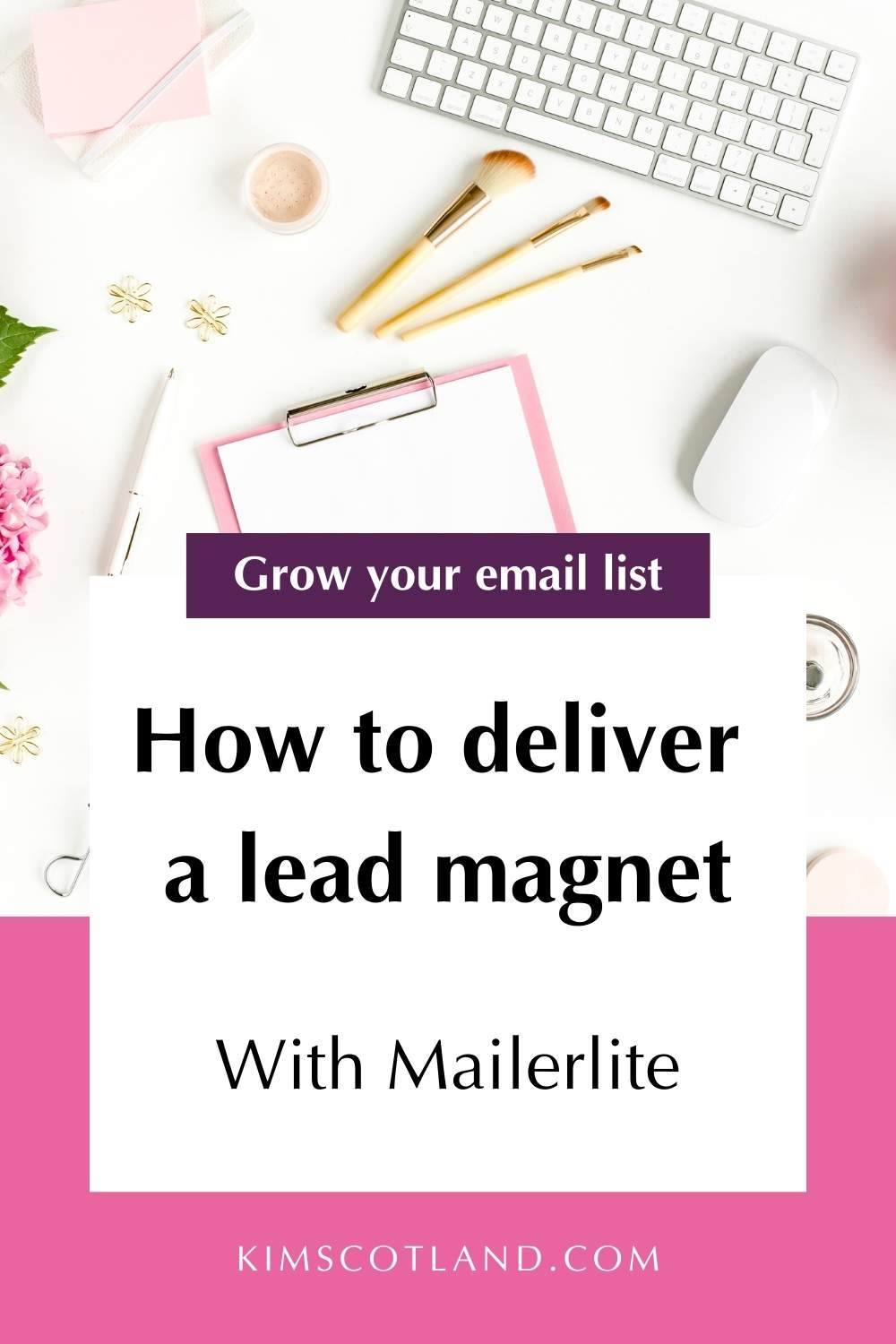 Pinterest optimised image with text reading: Grow your email list. How to deliver a lead magnet with MailerLite.