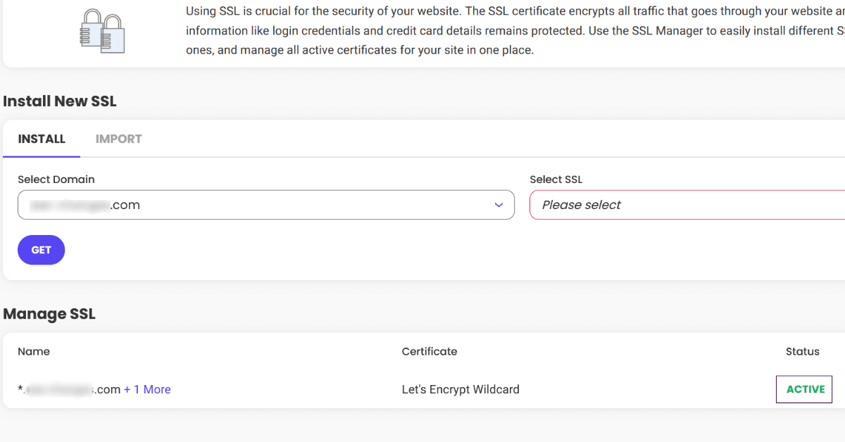 Screenshot of the SSL Manager within SiteGround. In this screenshot the site has a single wildcard SSL active.