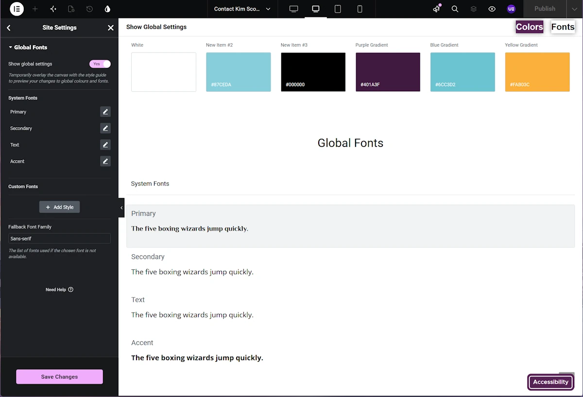 Website font settings screen showing global font options, demo text, and colour swatches for white, purple, and blue. The "Primary" font is selected. “Save Changes” and “Accessibility” buttons are visible—an essential step if you’re learning how to create a website with Elementor or need to refine typography while discovering how to create a page with Elementor.