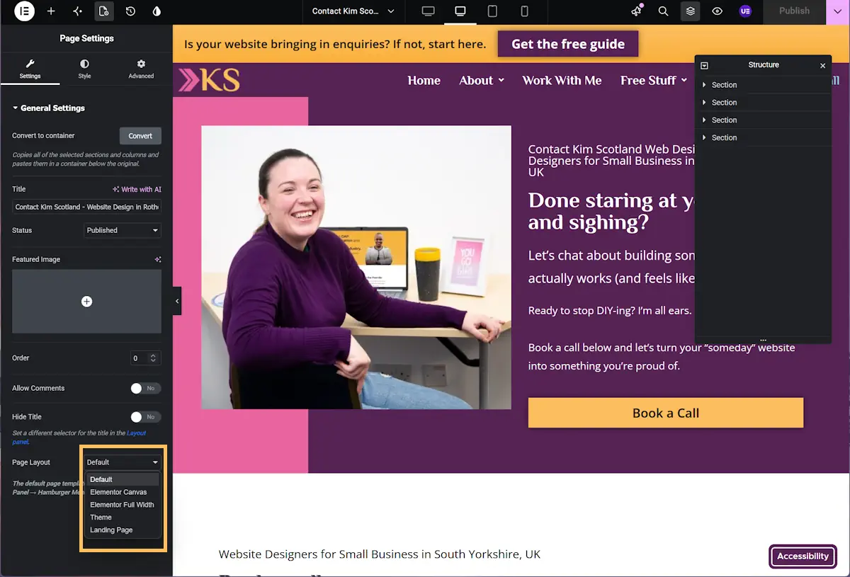 A woman in a purple jumper sits at a desk, smiling at the camera, with a website editing interface visible on the screen—demonstrating how to create a page with Elementor.
