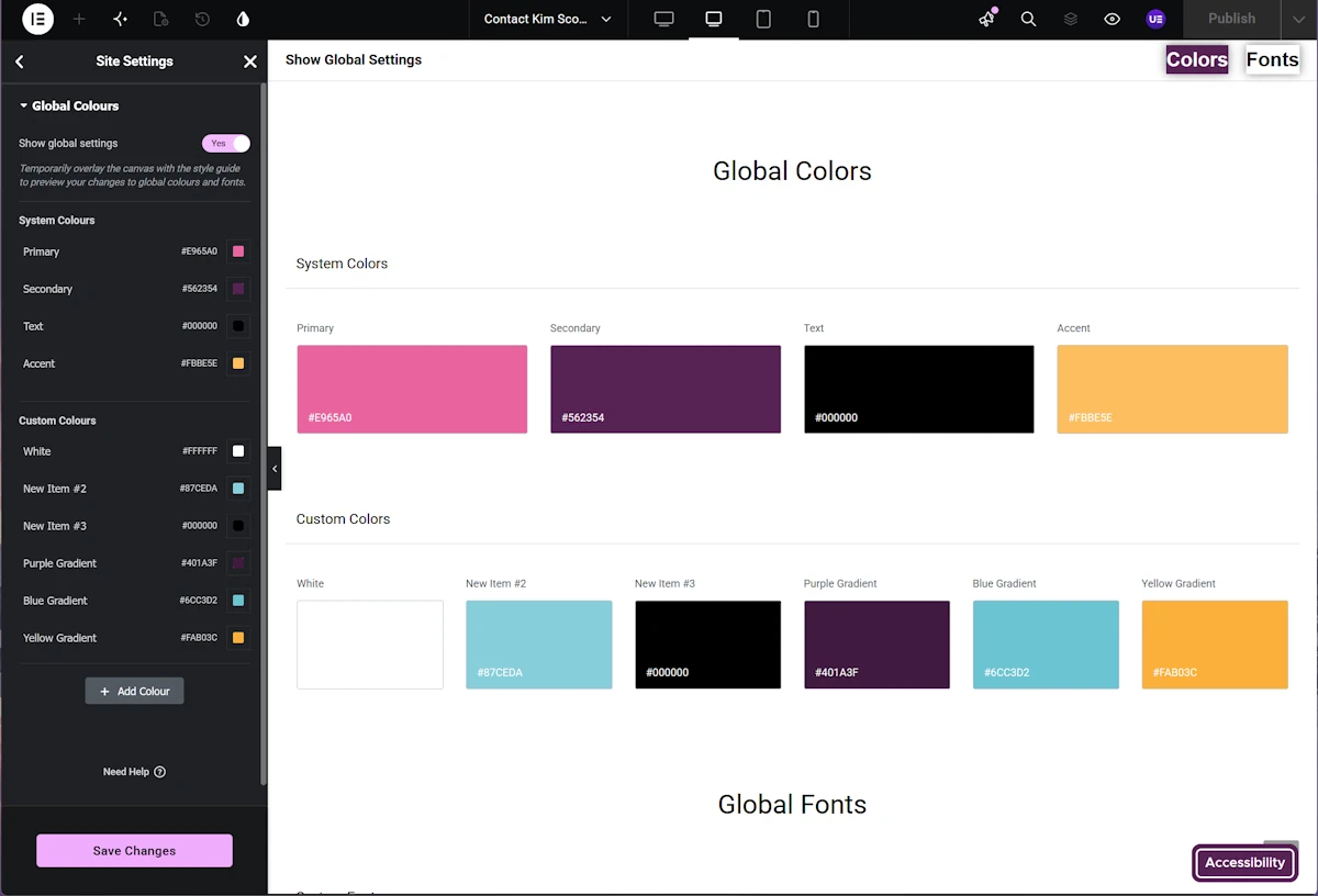 A website settings panel displays global colour options, including system and custom colours, with hex codes shown for each colour. If you’re learning how to create a website with Elementor or want to know how to create a page with Elementor, you’ll also find global font settings mentioned below—making it easy to achieve consistent branding throughout your site.