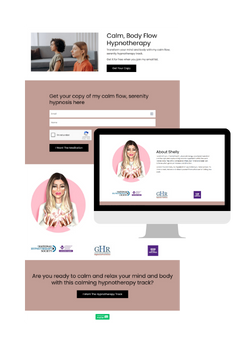 A hypnotherapy website, crafted with web design for small businesses in mind, is displayed on a tablet and computer monitor, featuring a female therapist’s photo, information, and a form to request a calming hypnosis track.