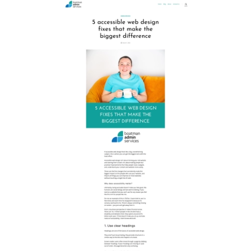 Screenshot of a blog post titled "5 accessible web design fixes that make the biggest difference," featuring a person smiling and holding a mug, with text, the Boatman Admin Services logo, and a Media mention.
