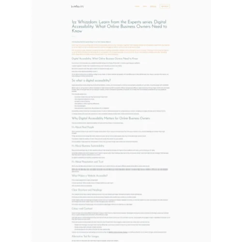 Screenshot of a webpage titled "Let’s Whizzdom Learn from the Experts series: Digital Accessibility: What Online Business Owners Need to Know," with multiple sections of text and headings featured in the Press and Media.