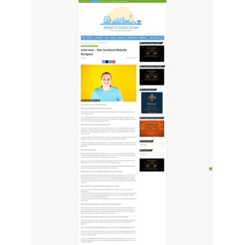 Screenshot of a website article titled "Interview – Kim Scotland Website Designer" with a photo of a person in a blue shirt against a yellow background, featured in the Press and Media section.