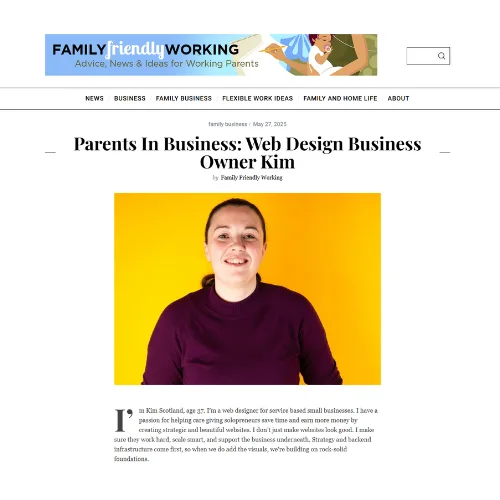 A portrait of web designer Kim Scotland against a solid yellow background for a press release titled “Parents in Business: Web Design Business Owner Kim.”