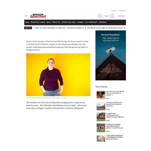 Screenshot of the Rotherham Advertiser press kit website featuring a photo of Kim Scotland and a sidebar advertisement for internet services.