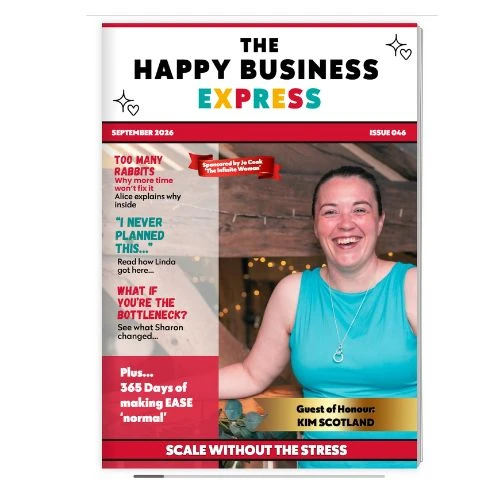 Cover of The Happy Business Express magazine, Issue 046, featuring Kim Scotland in a blue vest and press media headlines about business management.