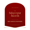 Red plaque reading “2026 Finalist The Solopreneur Awards, Best Service Provider, The Solopreneur Awards” in gold text on a white background.