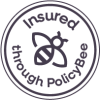 A circular badge with a bee icon in the centre and the text “Insured through PolicyBee” around the edge, perfect for display in your website’s Global Footer.